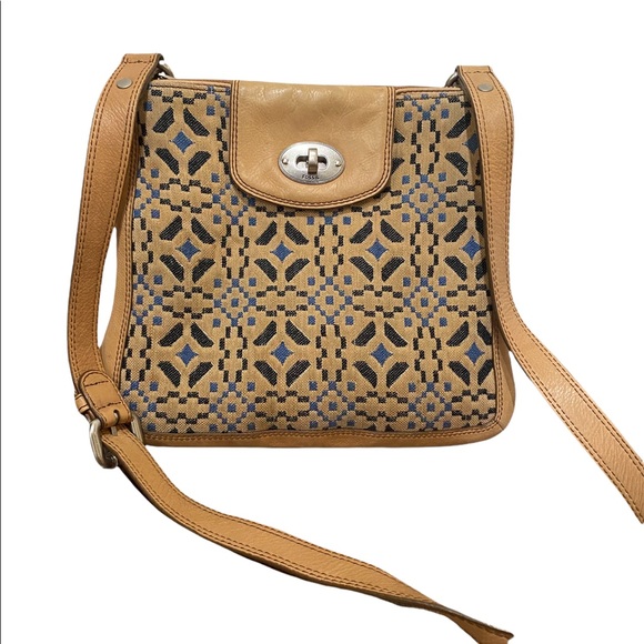 VTG Fossil Crossbody Bag Purse Natural Leather Textile Cowhide Blue 10”X 10.5” - Picture 1 of 14